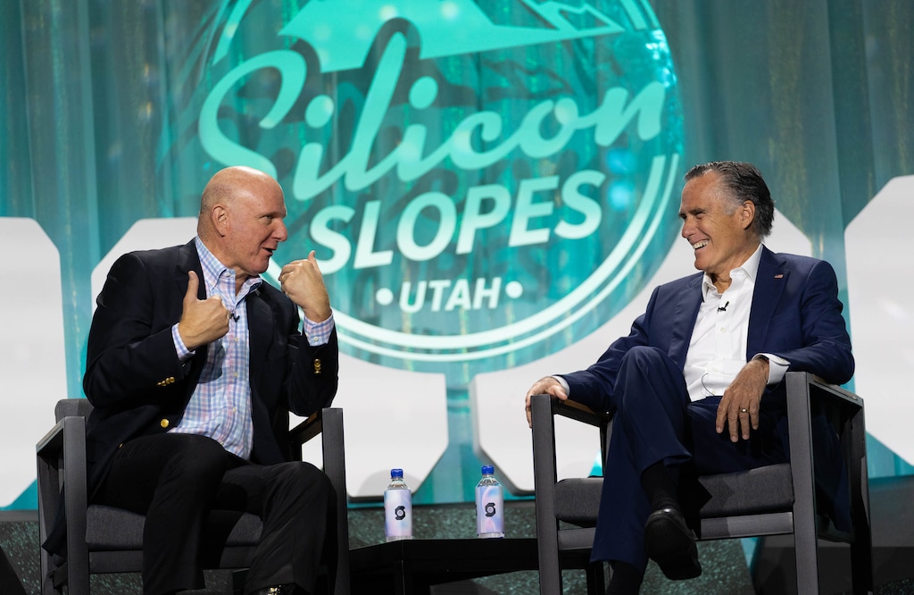 (Francisco Kjolseth | The Salt Lake Tribune) Former Microsoft CEO Steven Ballmer, left, joins Utah Sen. Mitt Romney on stage for a conversation at the Silicon Slopes Tech Summit in Salt Lake City on Wednesday, Oct. 13, 2021.