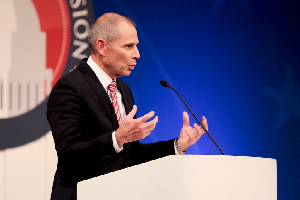 (Evan Cobb  |  The Daily Herald) U.S. Rep. John Curtis speaks during the debate for the 3rd Congressional District seat at the Sorensen Student Center Grande Ballroom at Utah Valley University on Tuesday, October 23, 2018, in Orem. 