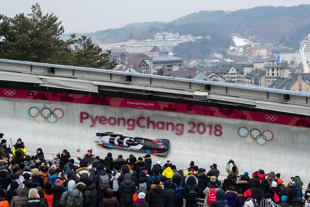 (Chris Detrick  |  The Salt Lake Tribune)   Team USA's Nick Cunningham, Hakeem Abdul-Saboor, Christopher Kinney and Sam Michener compete at Olympic Sliding Centre during the Pyeongchang 2018 Winter Olympics Saturday, Feb. 24, 2018. 