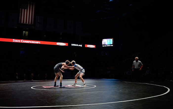 (Francisco Kjolseth  |  The Salt Lake Tribune)  Jacob Finlinson of Westlake battles Zeke Kelley of Pleasant Grove in the Class 6A 113 wight class state wrestling championship match at the Utah Valley University UCCU Center on Thursday, Feb. 8, 2018.