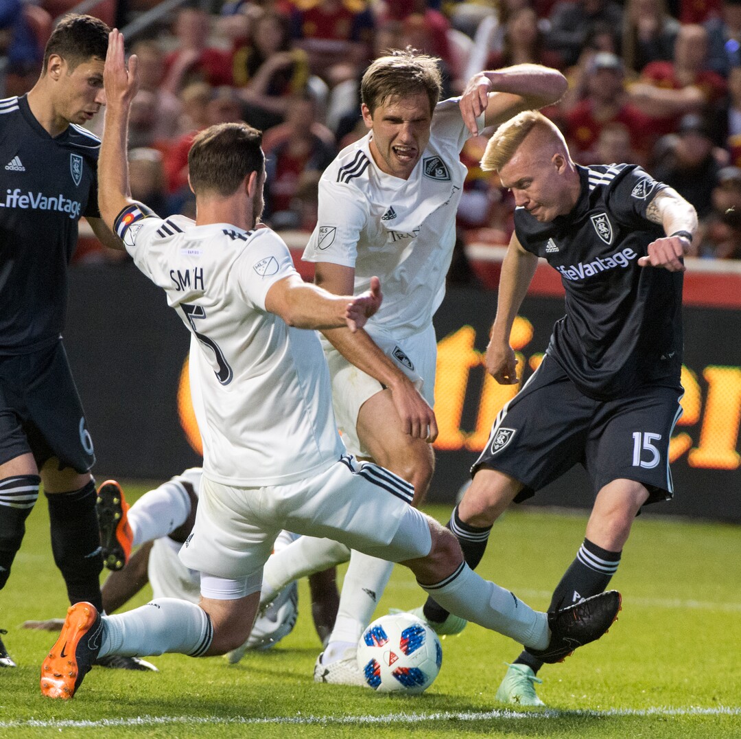 (Rick Egan  |  The Salt Lake Tribune) Real Salt Lake defender Justen Glad (15) tries to get the ball past Colorado Rapids defender Tommy Smith (5), in MLS soccer action, between Real Salt Lake and Colorado Rapids,  at Rio Tinto Stadium, Saturday, April 21, 2018.