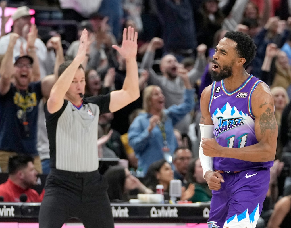 (Leah Hogsten | The Salt Lake Tribune) Utah Jazz guard Mike Conley (11) celebrates his 3-point shot as the Utah Jazz host the Philadephia 76ers at Vivint Arena, Jan. 13, 2023.