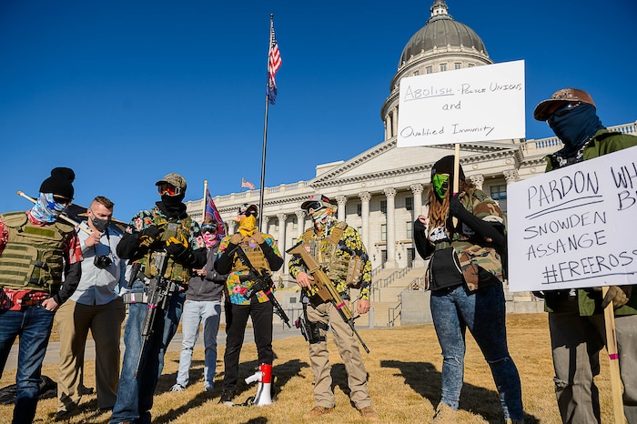 (Trent Nelson | The Salt Lake Tribune) A group calling themselves Bois of Liberty at the state Capitol in Salt Lake City on Sunday, Jan. 17, 2021.