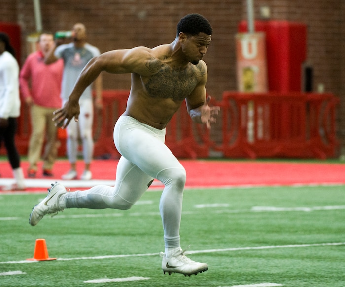 (Rick Egan  |  The Salt Lake Tribune)      Jordan Howard runs the 40-yard-dash, during University of Utah's 2018 Pro Day for NFL scouts, at Spence Eccles Field House, Wednesday, March 28, 2018.