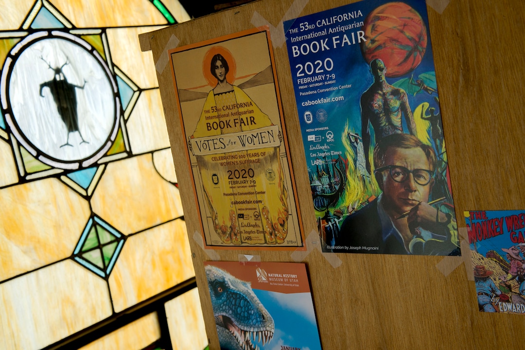 (Jeremy Harmon  |  The Salt Lake Tribune) Posters for book fairs adorn a case at Ken Sanders Rare Books in Salt Lake City on January 16, 2020.