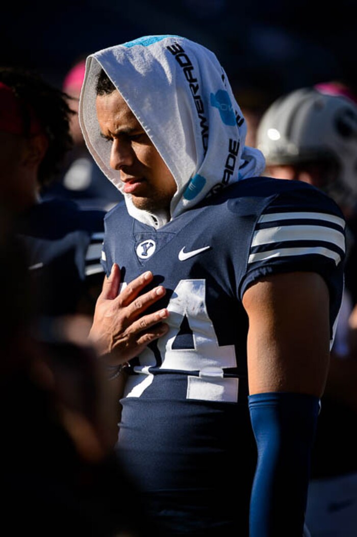 (Trent Nelson | The Salt Lake Tribune)  
Brigham Young Cougars wide receiver Neil Pau'u (84) after the 7-6 loss as BYU hosts Northern Illinois, NCAA football in Provo, Saturday Oct. 27, 2018.