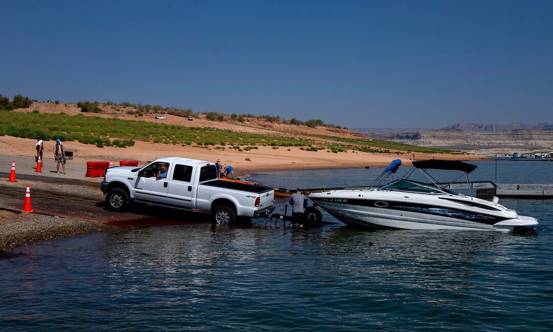 (Rick Egan | The Salt Lake Tribune)  Boats are launched at one of the extended ramps, at Wahweap Marina, on Lake Powell, on Tuesday, Aug. 3, 2021.