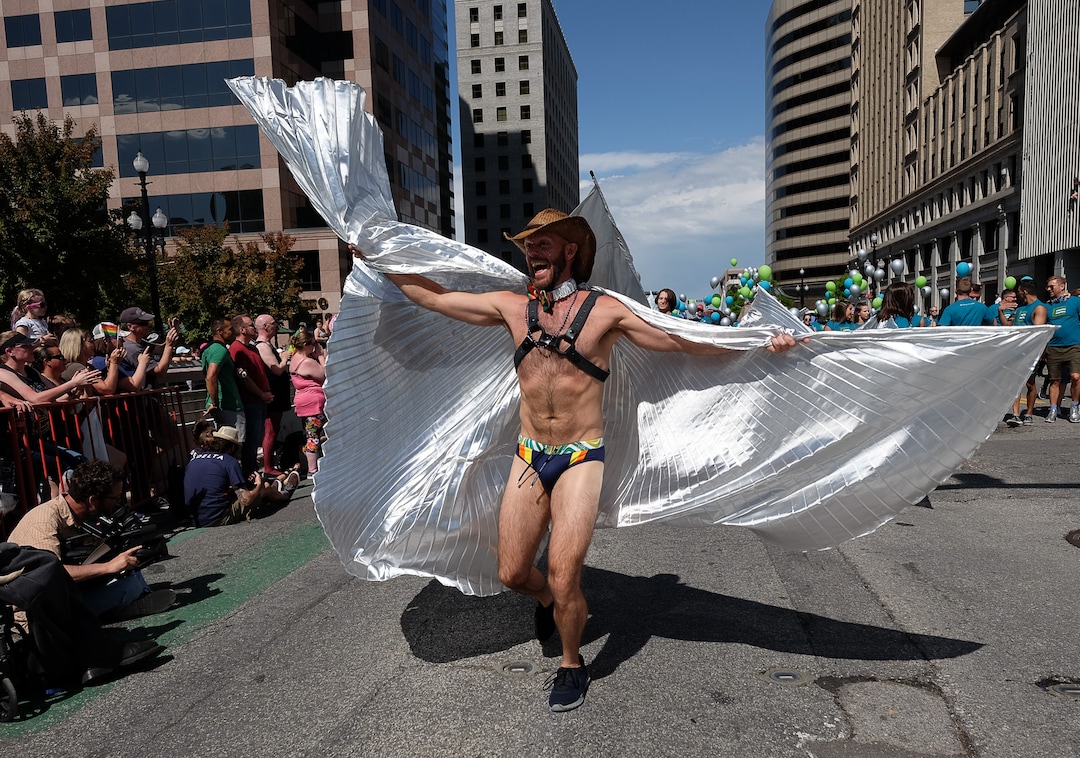 (Francisco Kjolseth  |  The Salt Lake Tribune)  Nate Berg joins thousands participating in the Utah Pride Parade in Salt Lake City on Sunday June 2, 2019.