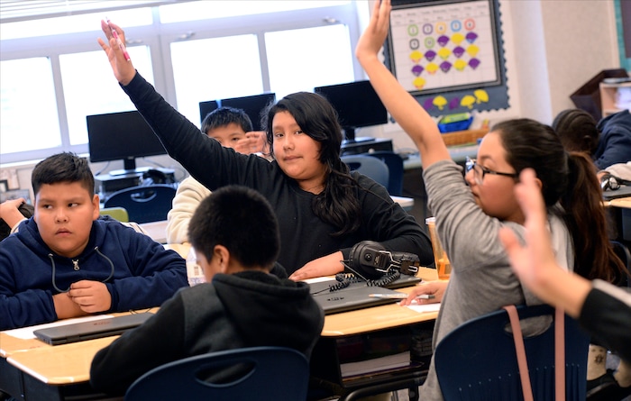 (Al Hartmann | The Salt Lake Tribune) Fifth graders work on a reading assignment in Kathleen Wilson's language arts class at Riley Elementary School in Salt Lake City Tuesday April 10, 2018. Utah’s average scores on the Nation’s Report Card for 2017 have improved from two years ago, but state officials remain concerned that minority and low-income students in the state continue to lag behind their peers.
