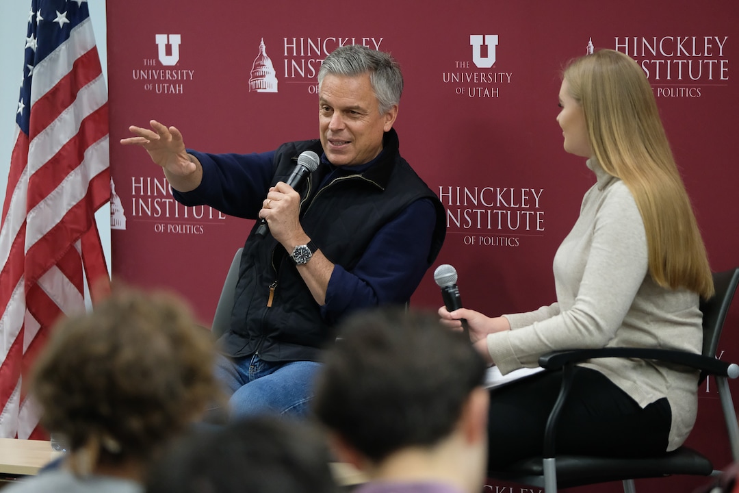 (Francisco Kjolseth  |  The Salt Lake Tribune)  Former Utah Governor and Ambassador Jon Huntsman sits down with ASUU Student Body President Annamarie Barnes at the Hinckley Institute of Politics on the University of Utah campus on Thursday, Dec. 5, 2019, to discuss his long career in public service spanning from Utah's Governor's Mansion to Chinese and Russian ambassadorships and examine the increasing significance Utah plays in our globalized world.