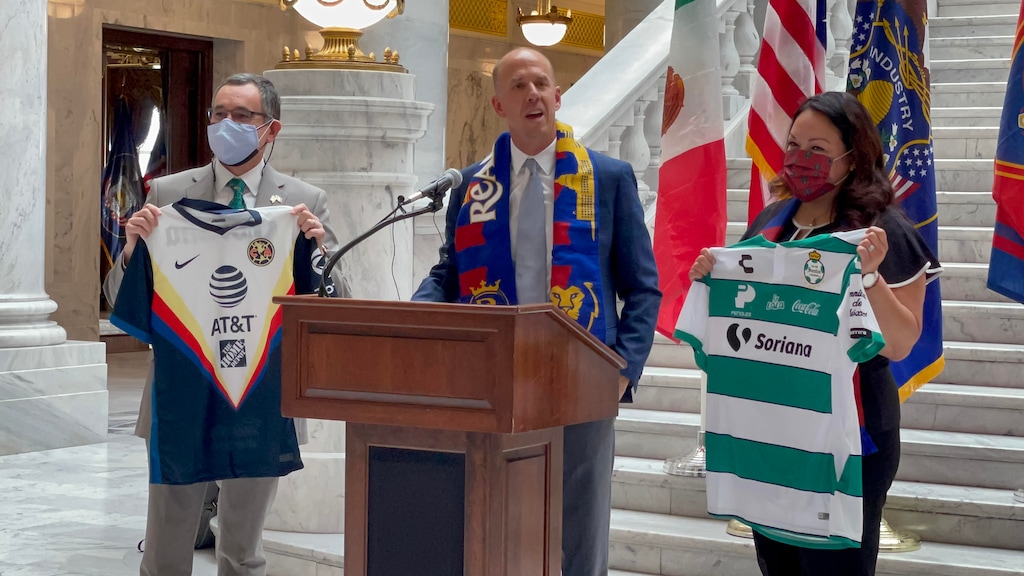 (Alex Vejar | The Salt Lake Tribune) Real Salt Lake Interim President John Kimball, center, asen. Luz Escamilla, right, and Consul General José Borjón announce that Liga MX teams Club América and Santos Laguna will play at Rio Tinto Stadium on July 4 during an event held at the state Capitol building on Monday, May 24, 2021.
