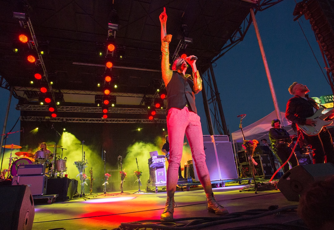 (Rick Egan  |  The Salt Lake Tribune)  Tyler Glenn Sings for Neon Trees, at the LoveLoud Festival at Brent Brown Ballpark at UVU campus, Saturday, August 26, 2017.