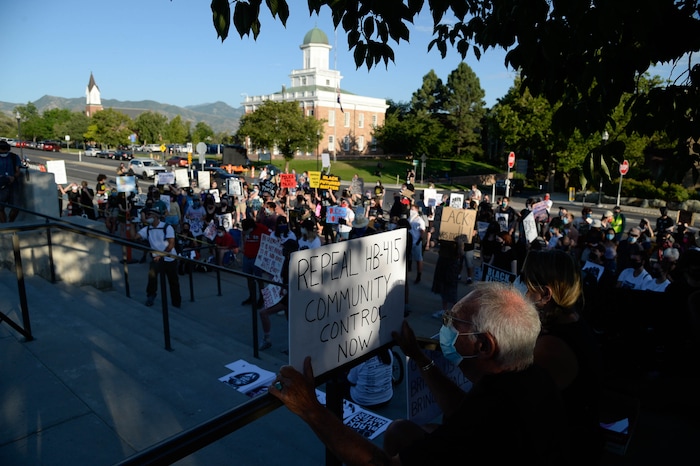 (Francisco Kjolseth  |  The Salt Lake Tribune) As part of national day of protest against police crimes, the National Alliance Against Racist and Political Repression, the Salt Lake Civilian Police Accountability Council and other groups gather at the Utah Capitol on Saturday, July 18, 2020, before marching to the Governor’s mansion to demand for a special session to repeal HB 415, which prohibits municipalities from establishing a board or committee with regulatory power over police departments.
