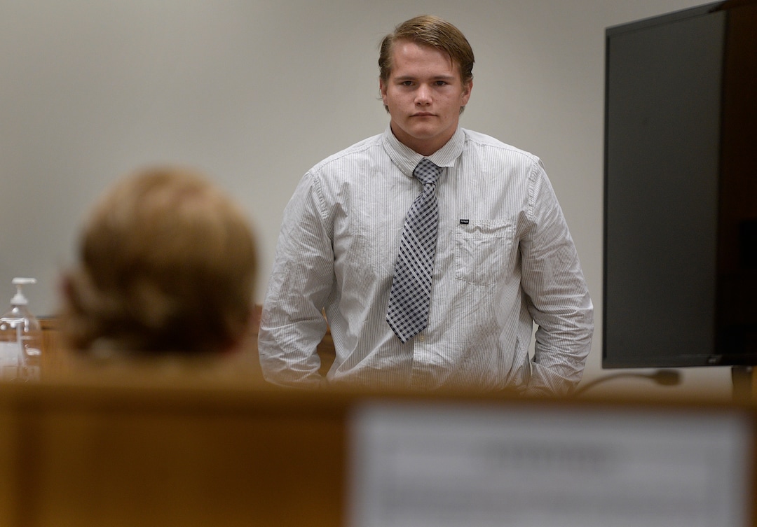 (Scott Sommerdorf   |  The Salt Lake Tribune)   Wesley Stickley, the self-described best friend of defendant Tyerell Joe Przybycien, makes eye contact with Przybycien as he leaves the witness stand during Przybycien's preliminary hearing, Wednesday, August 23, 2017. Przybycien is charged with first-degree felony murder for buying items used by a 16-year-old girl to hang herself on May 5 in Utah County. Przybycien also recorded the girl's death, according to charges.
