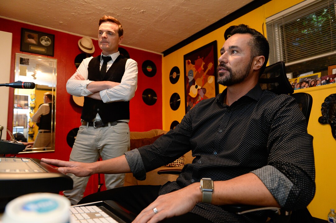 (Francisco Kjolseth  |  The Salt Lake Tribune)  Making the music come together, cellist Steven Sharp Nelson and music producer Al van der Beek work through a music number for an upcoming show at their home studio in Sandy.