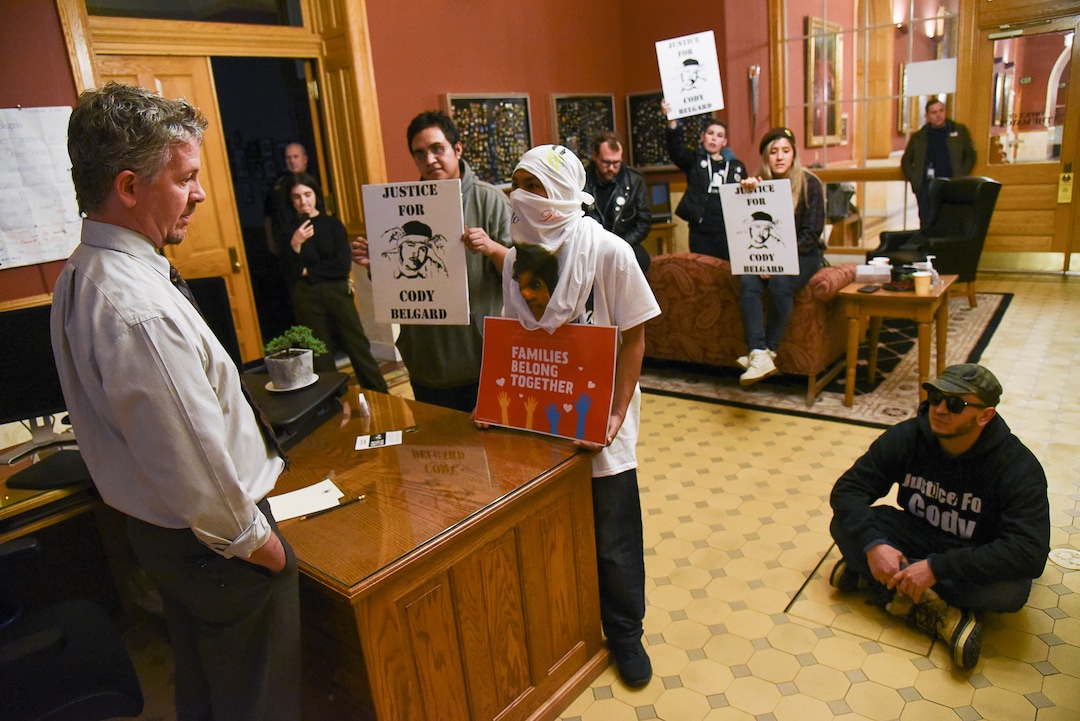 (Francisco Kjolseth  |  The Salt Lake Tribune)  Patrick Leary, chief of staff for Mayor Jackie Biskupski who remained completely silent for over an hour as members of Utah Against Police Brutality and family of Cody Belgard, the popular Glendale rapper, who was shot by police last November, had tried to get a meeting schedule with the mayor, stands up at 5 o'clock to walk out without a concrete resolution. For weeks, the family of Cody Belgard has asked to meet with Mayor Biskupski to discuss his shooting by SLCPD, to no avail.