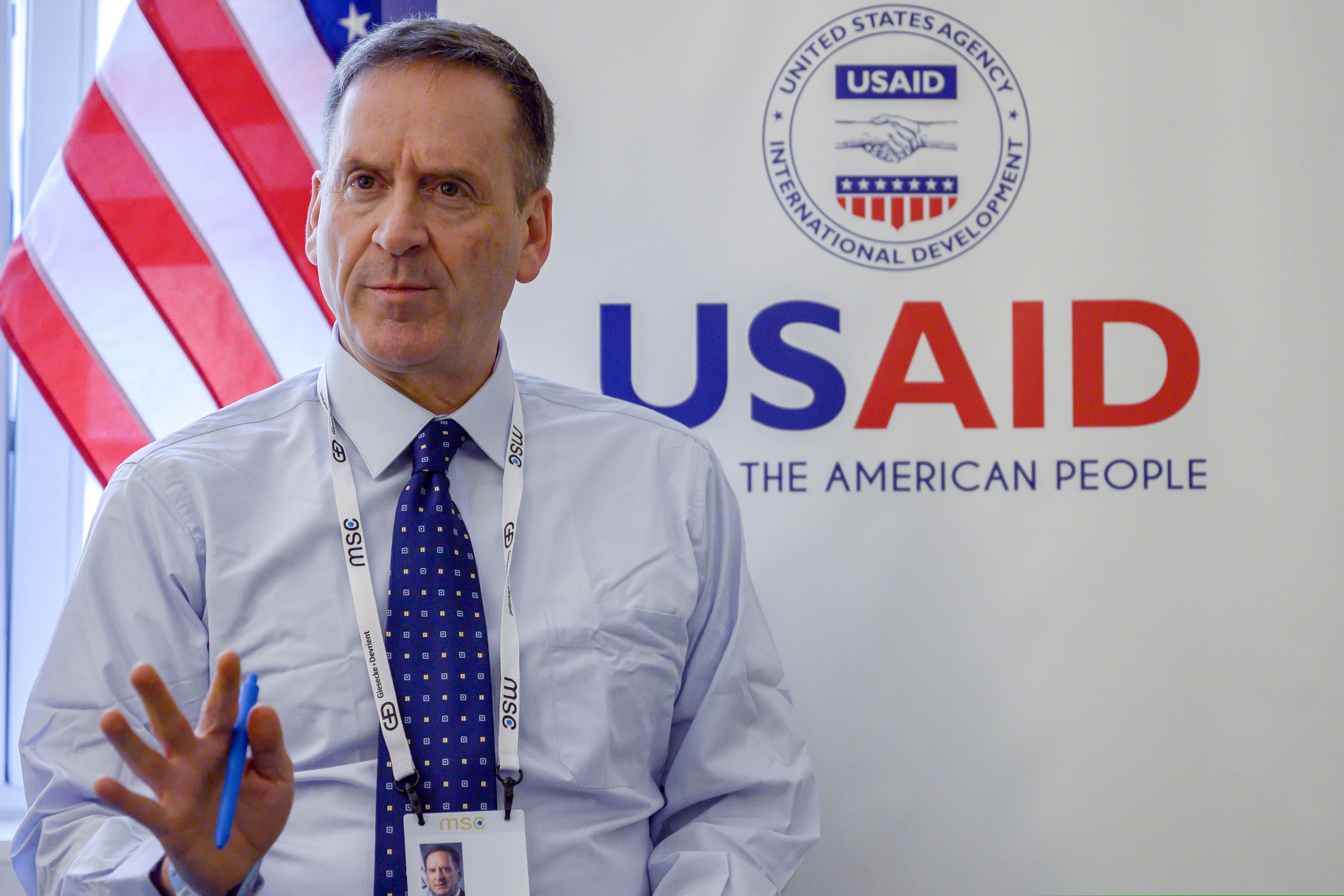 FILE - In this Feb. 14, 2020, file photo, United States Agency for International Development (USAID) administrator Mark Green speaks to members of the press during a briefing at the Munich Security conference in Munich Germany. (Andrew Caballero-Reynolds/Pool Photo via AP)