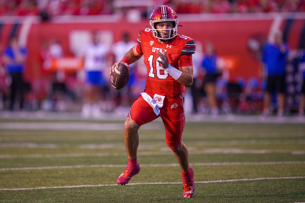 (Trent Nelson  |  The Salt Lake Tribune) Utah Utes quarterback Bryson Barnes (16) runs for a touchdown as the Utah Utes host the Florida Gators, NCAA football in Salt Lake City on Thursday, Aug. 31, 2023.
