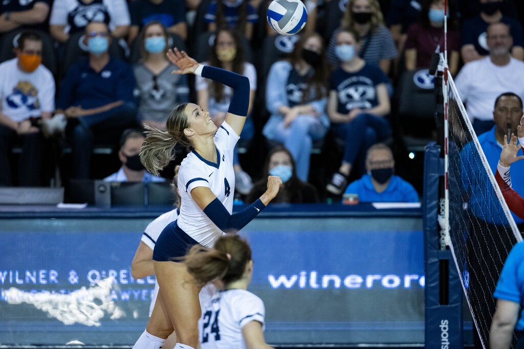 (BYU Athletics) Graduate opposite hitter Kenzie Koerber attempts a kill in a recent win over Saint Mary's on Sept. 25, 2021. Koerber has thrived at BYU since transferring there from the University of Utah.