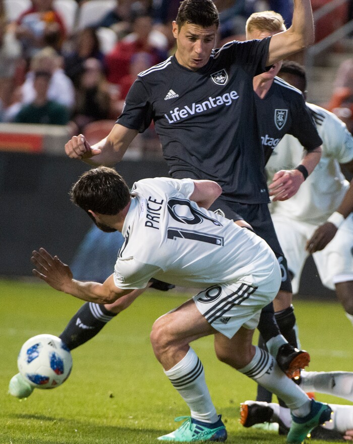(Rick Egan  |  The Salt Lake Tribune) 
Real Salt Lake midfielder Damir Kreilach (6) tries to get the ball past Colorado Rapids midfielder Jack Price (19), in MLS soccer action, between Real Salt Lake and Colorado Rapids,  at Rio Tinto Stadium, Saturday, April 21, 2018.


