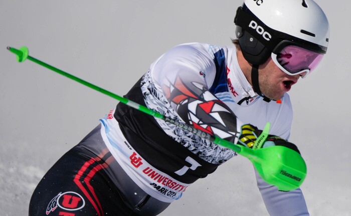 (Francisco Kjolseth | The Salt Lake Tribune) Wilhelm Normannseth of the University of Utah competes in men’s slalom during the NCAA Skiing Championships held at Park City Mountain Resort on Friday, March 11, 2022, in Park City, Utah.