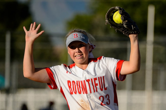 (Trent Nelson | The Salt Lake Tribune)  Box Elder beats Bountiful High School in the 5A Softball State Championship game, Thursday May 24, 2018. Bountiful's Katie Tanner (23) shows off her catch.