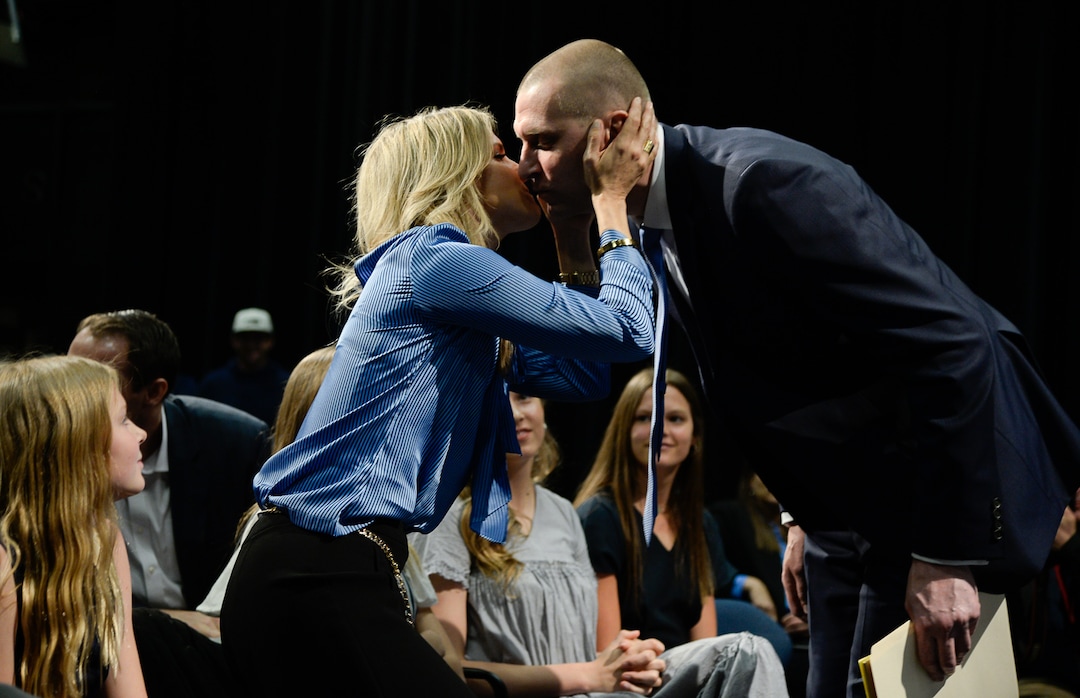 (Francisco Kjolseth  |  The Salt Lake Tribune)  Mark Pope gets a kiss from his wife Lee Anne as BYU announces him as its new head basketball coach during a press event at the BYU broadcasting building on Wed. April 10, 2019.