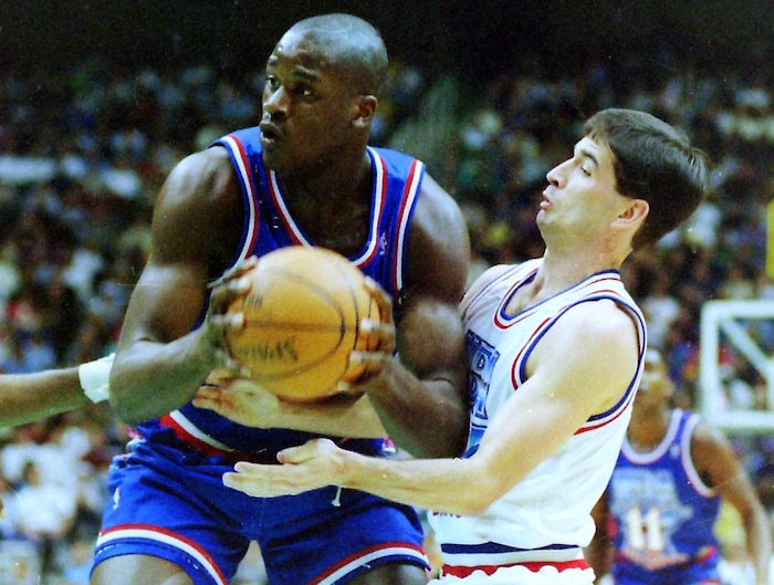 (Steve Griffin  | Tribune File Photo)  Shaquille O'Neal and John Stockton, in the 1993 All Star Game at the Delta Center in Salt Lake City, Sunday, Feb. 21, 1993.