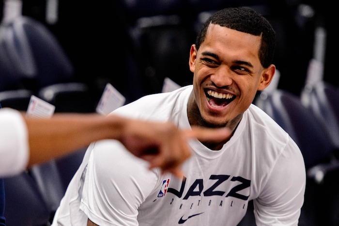 (Trent Nelson  |  The Salt Lake Tribune) Utah Jazz guard Jordan Clarkson, right, as the Utah Jazz host the Portland Trail Blazers, NBA basketball in Salt Lake City on Thursday, Dec. 26, 2019. At left is assistant coach Johnnie Bryant.