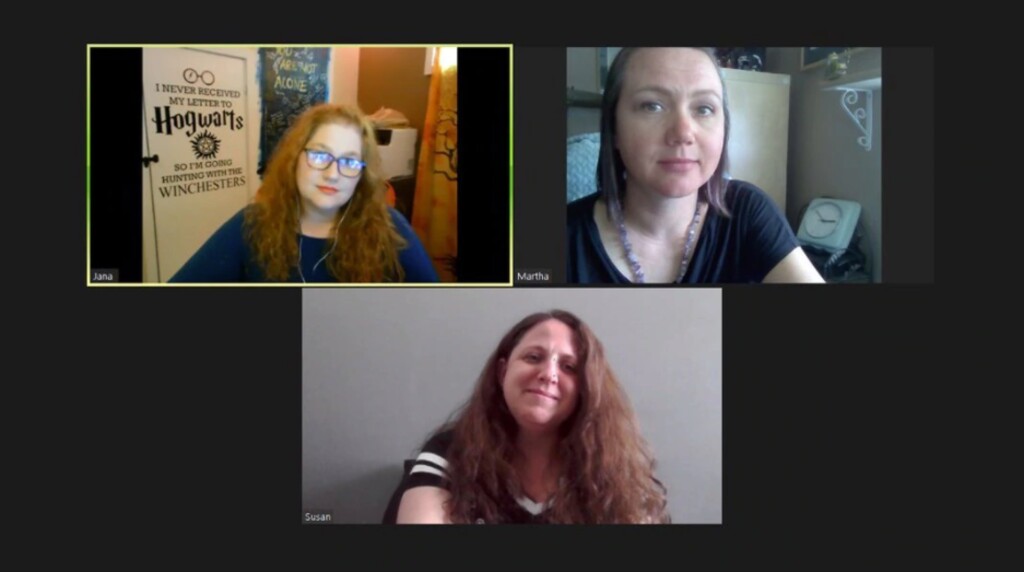 (Photo courtesy of Jana Fulmer) | Clockwise from left, Jana Fulmer, Martha Burkett Fallis and Susan Fink participate in a virtual support group for therapists started as a way to connect to and unload with coworkers and colleagues amid the COVID-19 pandemic.