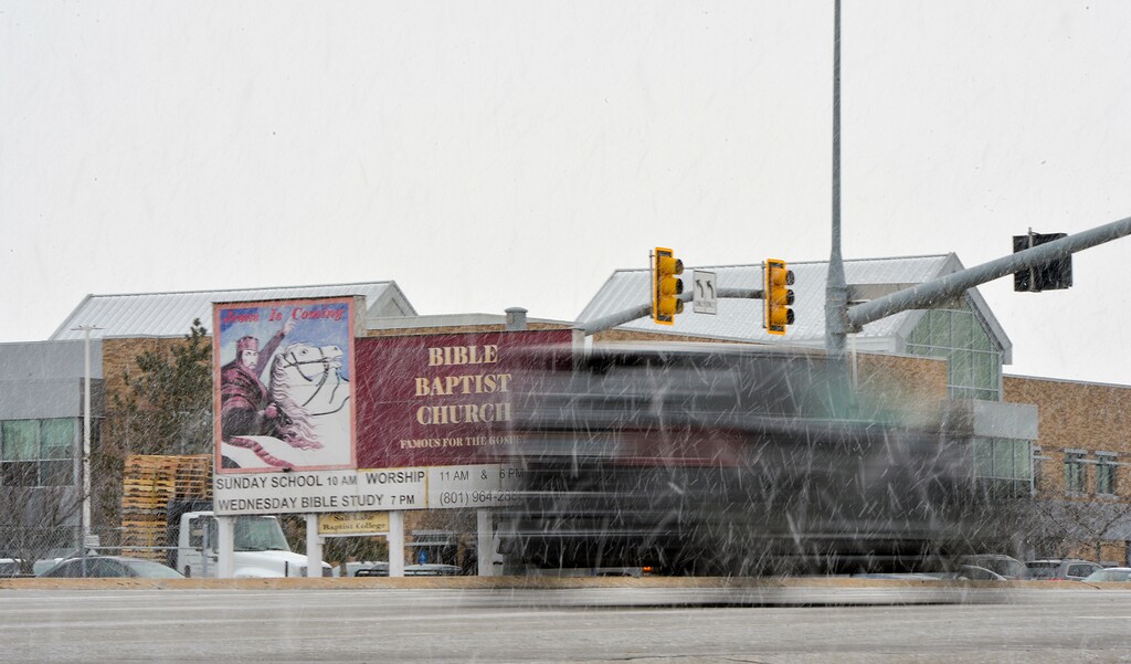 (Chris Samuels | The Salt Lake Tribune) The Bible Baptist Church in Taylorsville, Wednesday, Feb. 23, 2022. The church will face demolition as the Utah Department of Transportation converts Bangerter Highway into a freeway-style interchange at 4700 South.