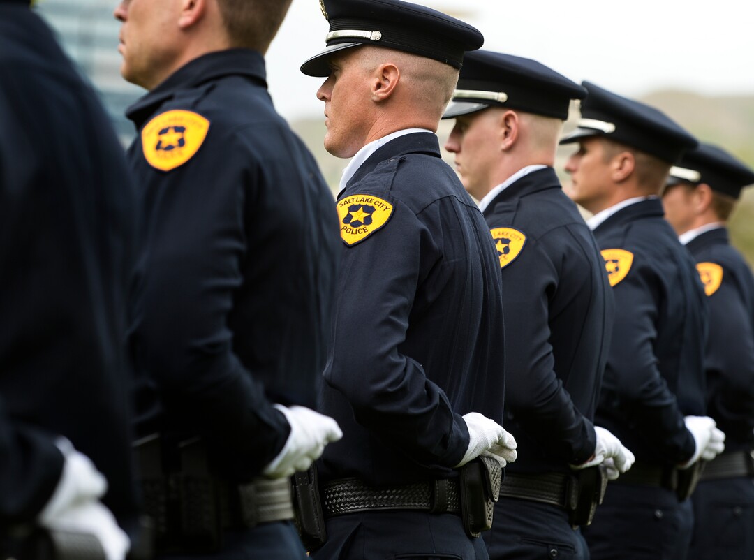 (Leah Hogsten  |  The Salt Lake Tribune)  In honor of Police Week, the Salt Lake City Police Department honored its fallen officers with a memorial service and a 21-gun salute at the Public Safety Building, Thursday, May16, 2019.