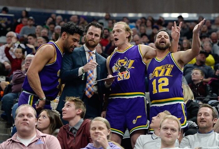 (Francisco Kjolseth  |  The Salt Lake Tribune)  Jazz fans Ray Percell, Dan McKean, Chris McConnell and Stevo Brown, from left, add some fun to the Jazz Spurs game in Salt Lake City, Thursday, Dec. 21, 2017.