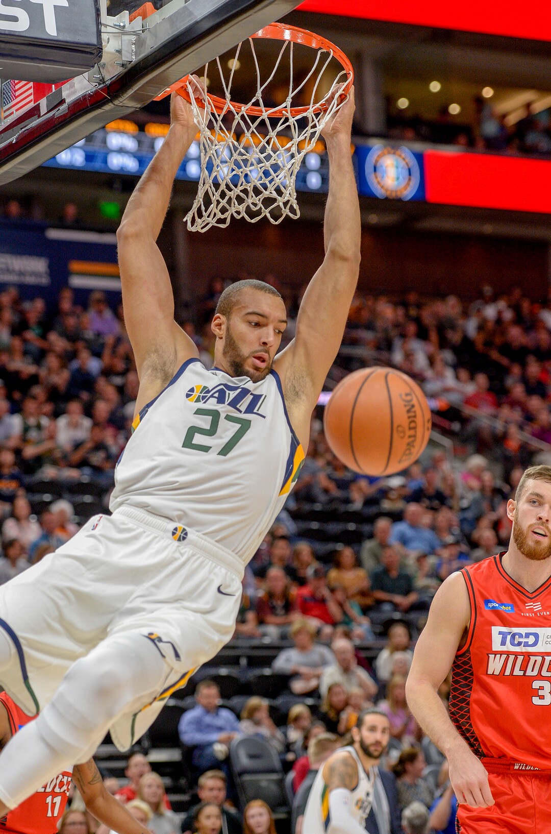 Leah Hogsten  |  The Salt Lake Tribune  Utah Jazz center Rudy Gobert (27) stuffs the net in the first half as the Utah Jazz host the Perth Wildcats during their preseason game, Sept. 29, 2018 at Vivint Smart Home Arena.