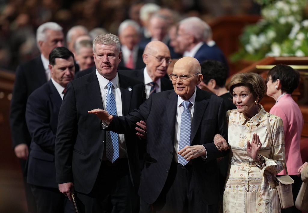 (Francisco Kjolseth | The Salt Lake Tribune) President Dallin H. Oaks, joined by his wife, Kristen, departs after the morning session of General Conference at the Conference Center in Salt Lake City, Saturday, April 4, 2026.