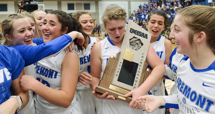 (Leah Hogsten  |  The Salt Lake Tribune) Fremont celebrates the win. Fremont defeated Bingham 61-47 to win the 6A High School Girls' Basketball Tournament title at SLCC in Taylorsville,Saturday, Feb. 24, 2018. 
