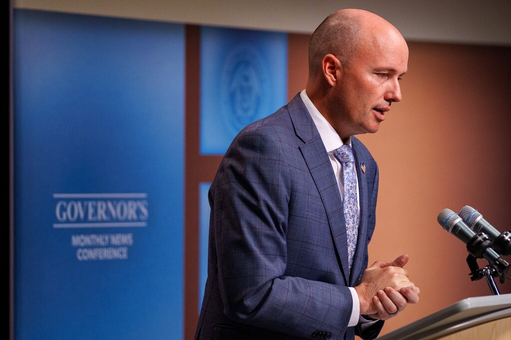 (Trent Nelson | The Salt Lake Tribune) Gov. Spencer Cox at his monthly news conference in Salt Lake City on Friday, July 19, 2024.