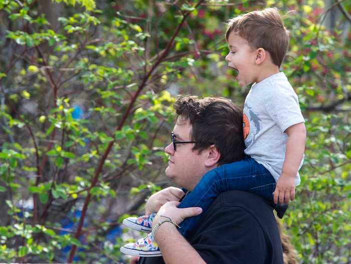 (Rick Egan  |  The Salt Lake Tribune)    Atlas McComb reacts as he sees the elephants while riding on his dad Eric's shoulders, as Hogle Zoo opens for visitors, with special rules for social distancing, Saturday May 2, 2020