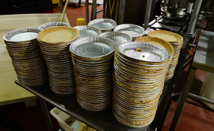 Francisco Kjolseth | The Salt Lake TribunePie crusts are stacked before being placed on the assembly line for a production of lemon meringue pies at the Rocky Mountain Pie factory in Salt Lake City recently. 