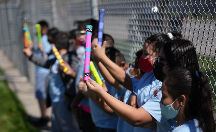 (Francisco Kjolseth | The Salt Lake Tribune) Mary W. Jackson Elementary students commemorate their school’s namesake’s 100th birthday on Friday, April 9, 2021, with a special science lesson, including the mechanics of rocket building as they launched their creations into the air. Salt Lake City’s oldest elementary school was renamed in 2018 in honor of the the first African American female engineer at NASA, with students recently voting to change their mascot to “The Rockets.”