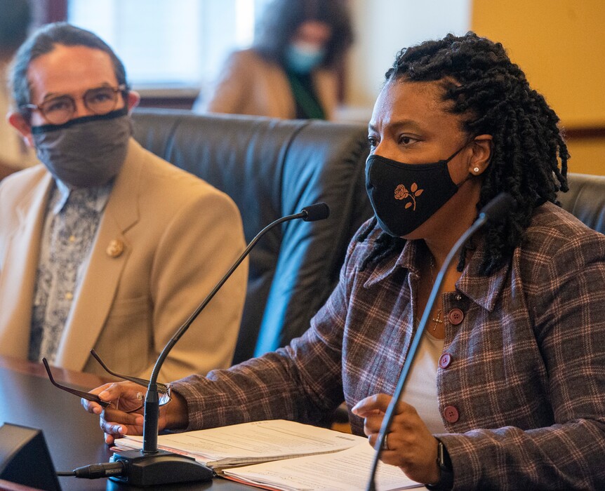 (Rick Egan | The Salt Lake Tribune) Rep. Sandra Hollins, D-Salt Lake City, speaks on HCR013, a resolution that would declare racism to be a public health crisis, in the House Health and Human Services Committee, on Tuesday, Feb. 23, 2021.