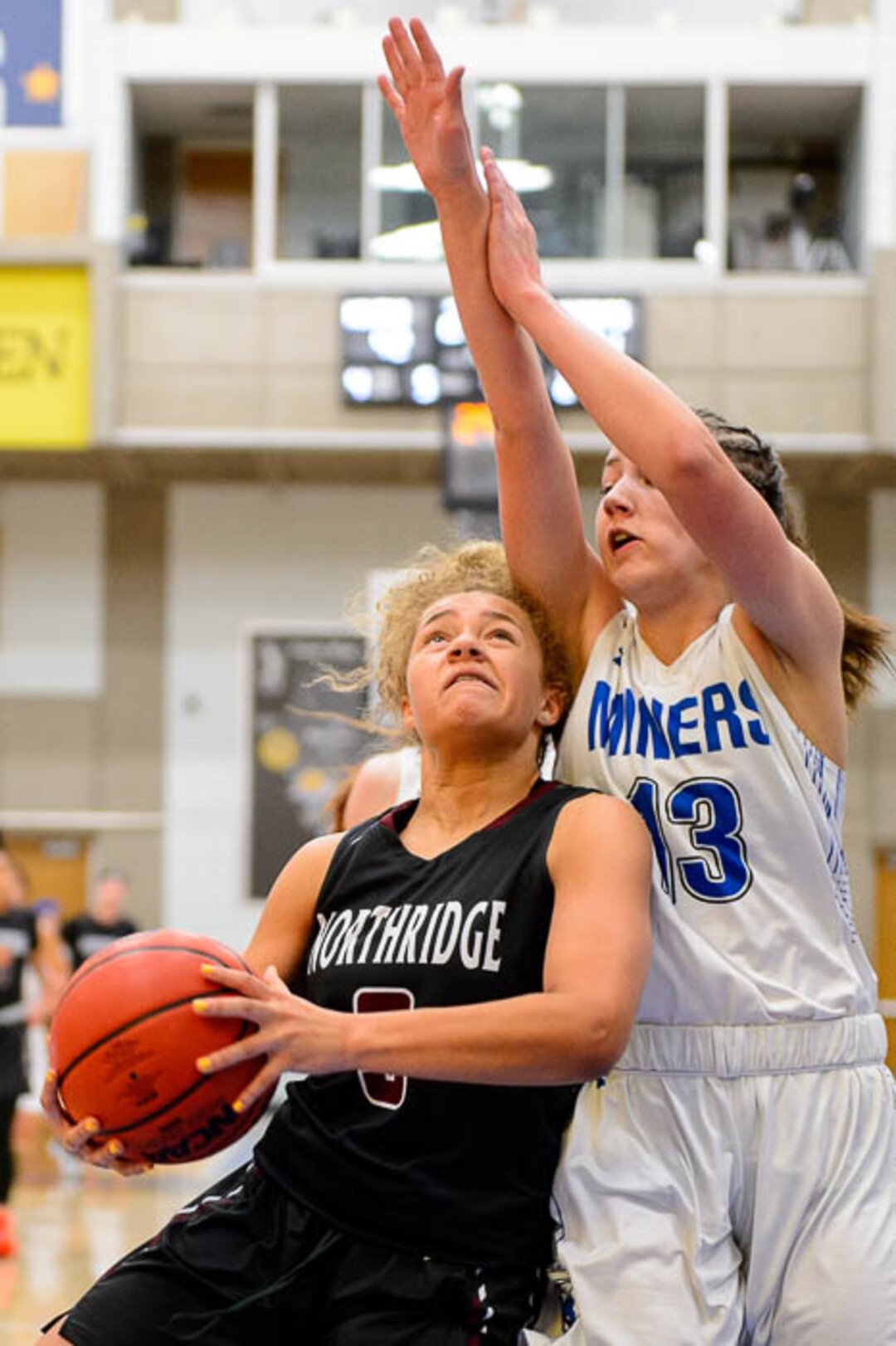 (Trent Nelson | The Salt Lake Tribune)  Northridge's Brooklyn Perkins (3) drives with Bingham's Kasia Higgins (13) defending as Bingham faces Northridge in the 6A High School Girls' Basketball Tournament at SLCC in Taylorsville, Thursday Feb. 22, 2018.