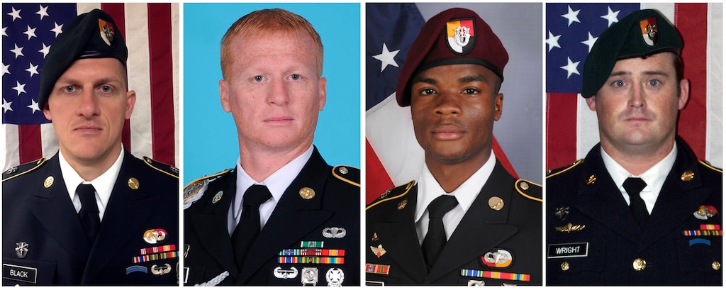 (U.S. Army) These images provided by the U.S. Army show, from left, Staff Sgt. Bryan C. Black, 35, of Puyallup, Wash.; Staff Sgt. Jeremiah W. Johnson, 39, of Springboro, Ohio; Sgt. La David Johnson of Miami Gardens, Fla.; and Staff Sgt. Dustin M. Wright, 29, of Lyons, Ga. All four were killed in Niger, when a joint patrol of American and Niger forces was ambushed by militants believed linked to the Islamic State group. The Pentagon on Thursday is releasing the final report on the Niger attack that killed four Americans last October, concluding that the Army Special Forces team did not get required command approval for the initial risky mission to go after a high-level insurgent.