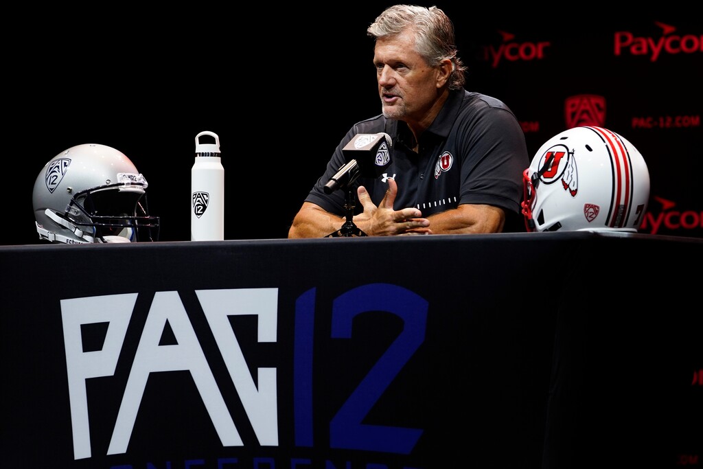 (Damian Dovarganes | AP) Utah head coach Kyle Whittingham speaks during Pac-12 Conference men's NCAA college football media day Friday, July 29, 2022, in Los Angeles.