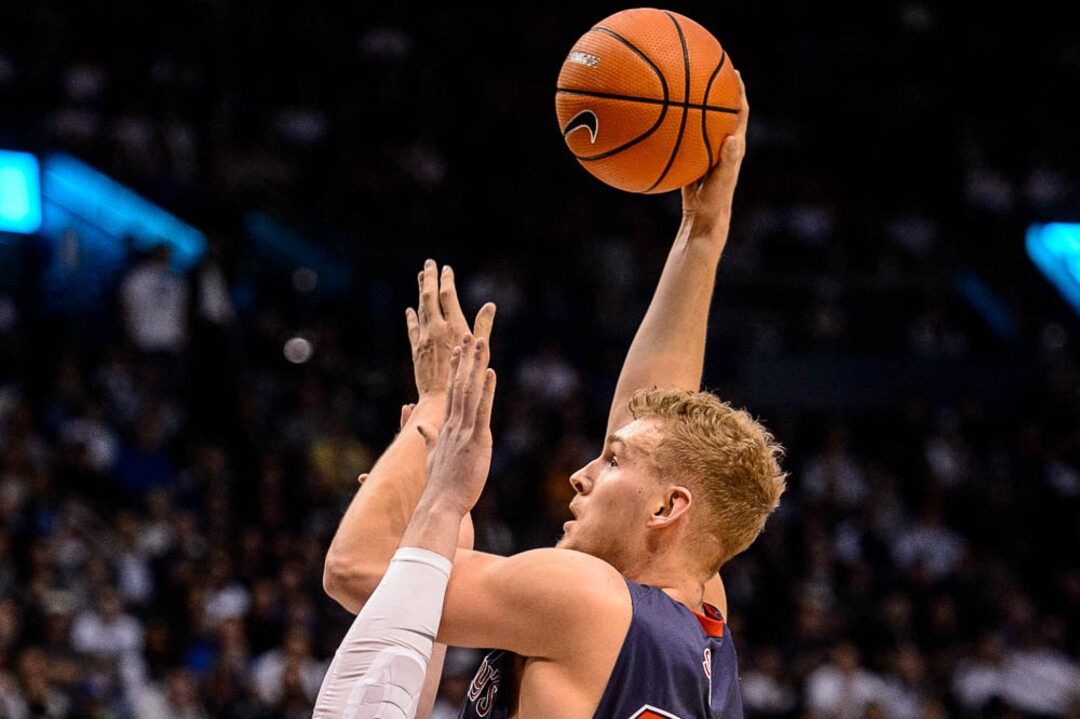(Trent Nelson | The Salt Lake Tribune)   St. Mary's Gaels center Jock Landale (34) shoots over Brigham Young Cougars forward Payton Dastrup (15) as BYU hosts the St. Mary's Gaels, NCAA basketball in Provo, Saturday December 30, 2017.