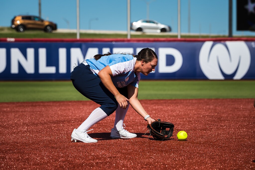 (Photo courtesy of Jade Hewitt/Athletes Unlimited)
Hannah Flippen, the University of Utah all-time leader in runs, hits and batting average, fields a ball during practice for the inaugural Athletes Unlimited softball season, scheduled for Aug. 30-Sept. 29 in Rosemont, Ill. The AU model gives players individual points for pivotal plays and reshuffles the players on the four teams every week.