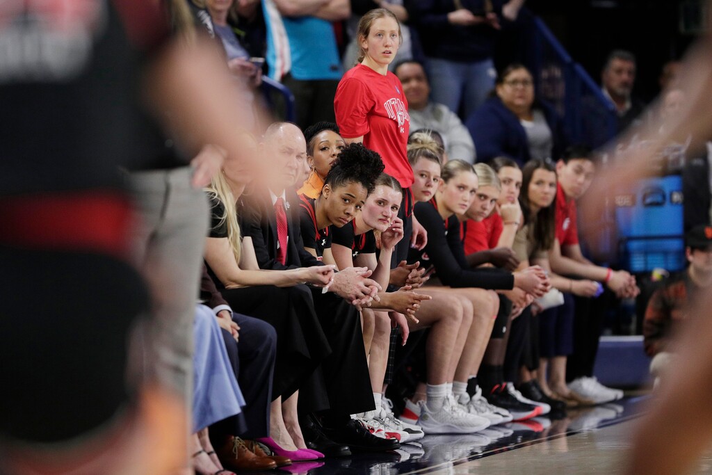 (Young Kwak | AP) Players and staff on the Utah bench react toward the end of a second-round college basketball game against Gonzaga in the NCAA Tournament in Spokane, Wash., Monday, March 25, 2024.