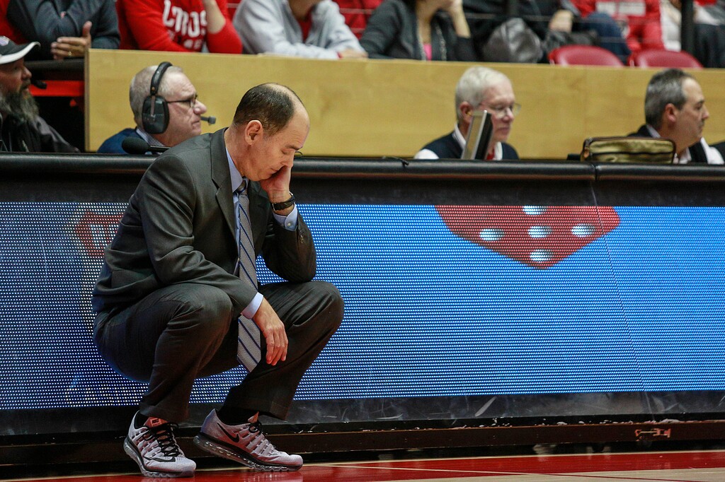 Utah State head coach Tim Duryea reacts to a call during the second half of an NCAA college basketball game in Albuquerque, N.M., Tuesday, Jan. 24, 2017. New Mexico won 74-61. (AP Photo/Juan Antonio Labreche)