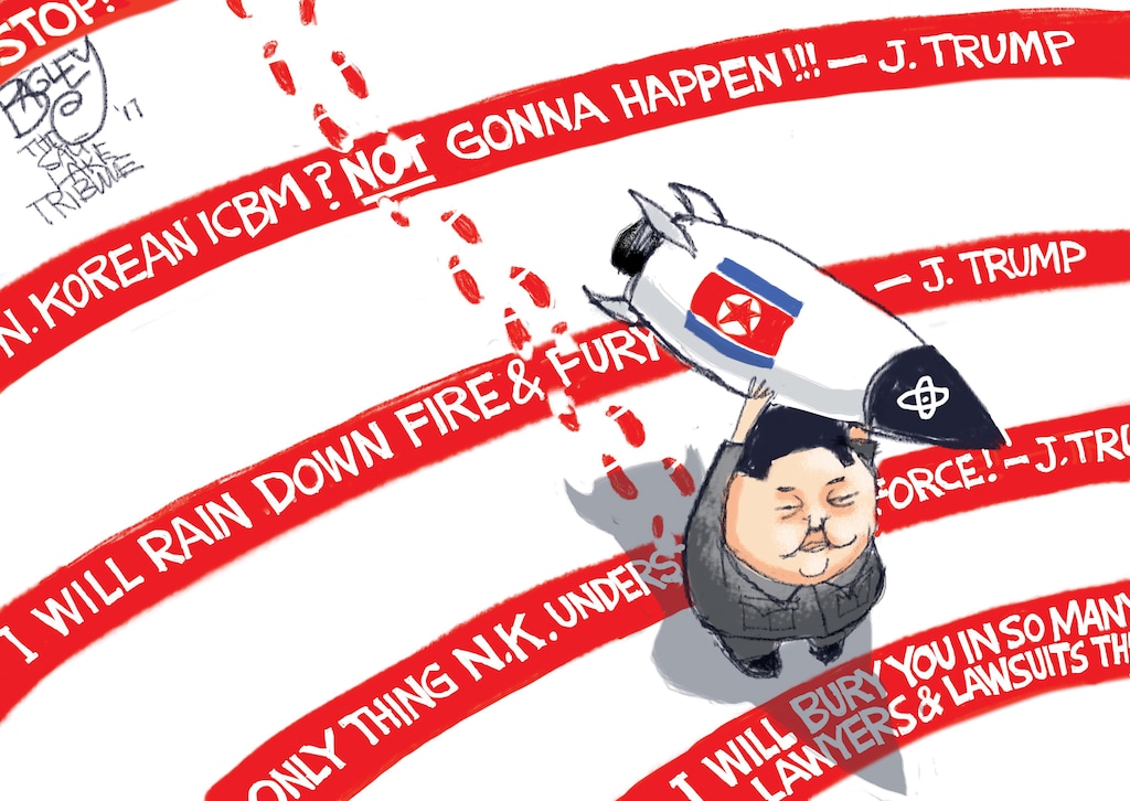 (Pat Bagley | The Salt Lake Tribune) This Pat Bagley cartoon, titled "Trump's Red Lines," appears in The Salt Lake Tribune on Thursday, Sept. 7, 2017.