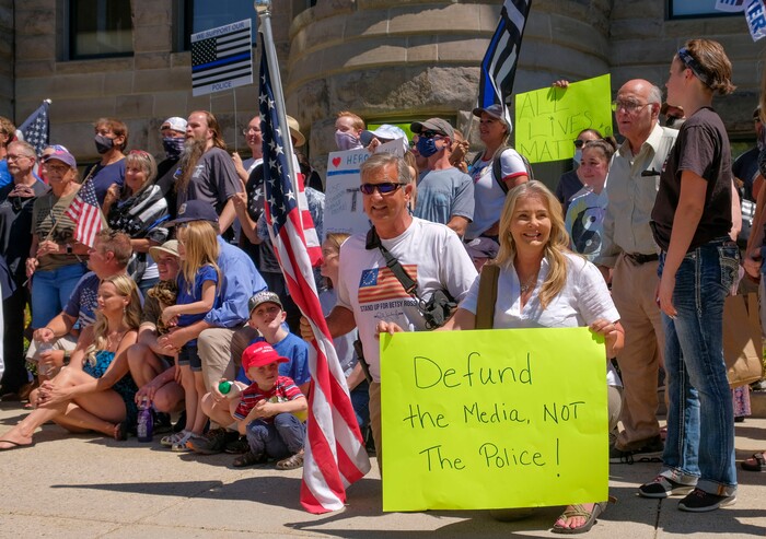 (Leah Hogsten | The Salt Lake Tribune) Supporters of law enforcement gather at Back the Blue rally, Saturday, August 15, 2020 at Washington Square.